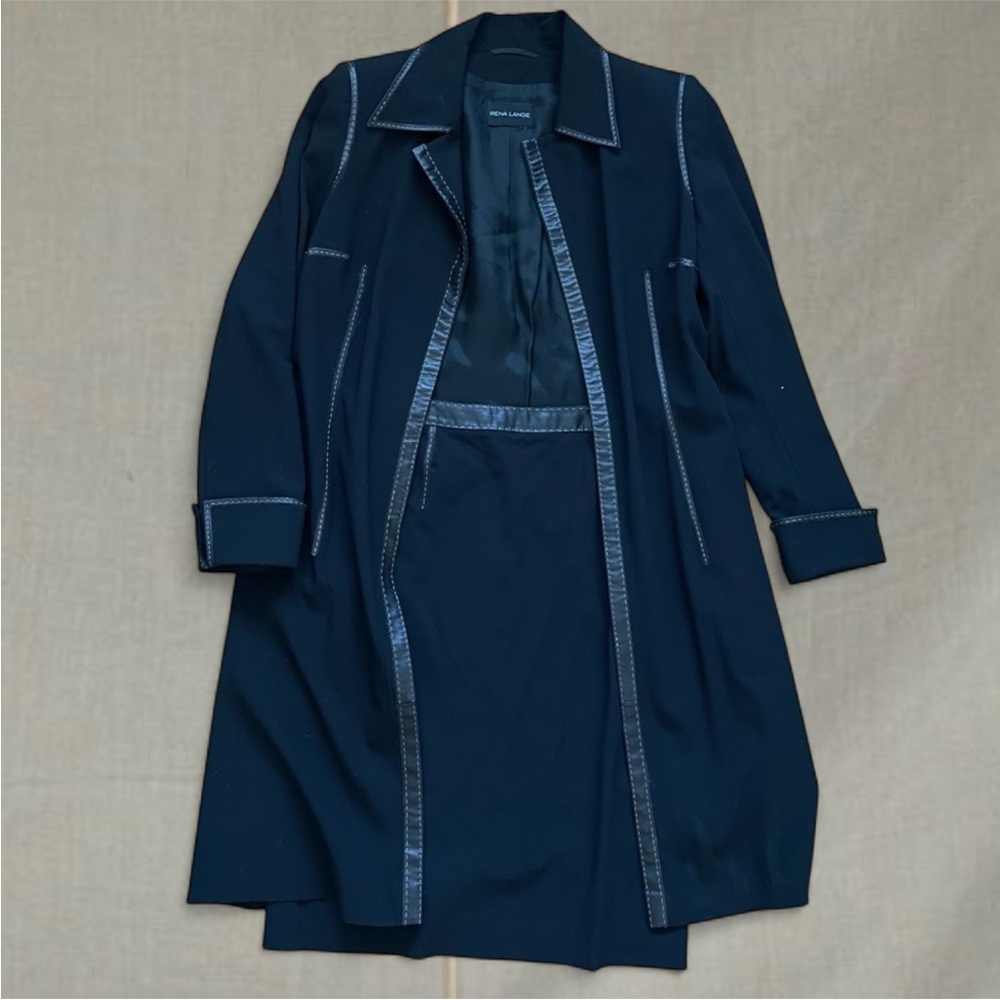 Vintage Rena Lange 2 piece Black suit set trench duster coat pencil skirt 90s